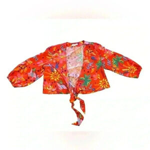 Maison d’Amelie Tropical Tie Front Linen Blend V-Neck 3/4 Sleeve Top Size Small